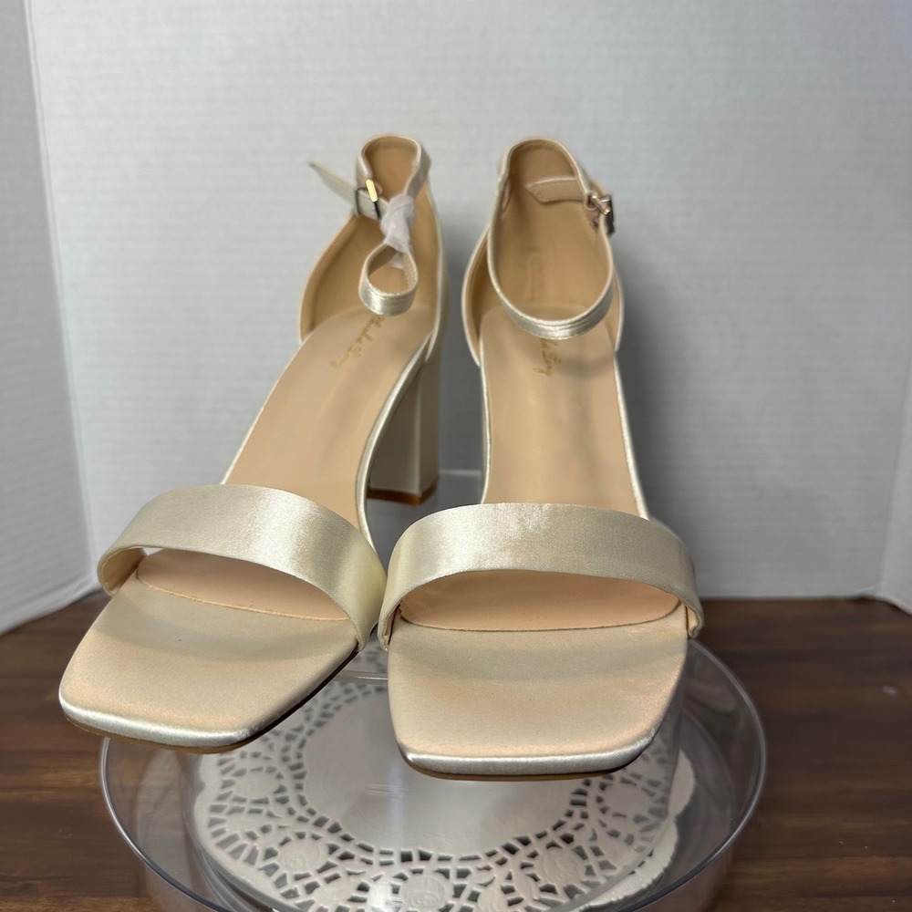 Elisabet Tang Champagne Satin Block Heel Sandals Square Toe Ankle Strap Womens - Picture 2 of 11